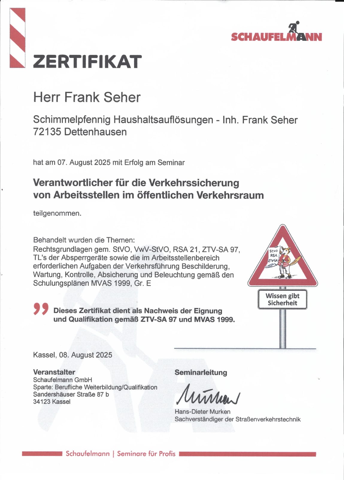 Halteverbot Zertifikat